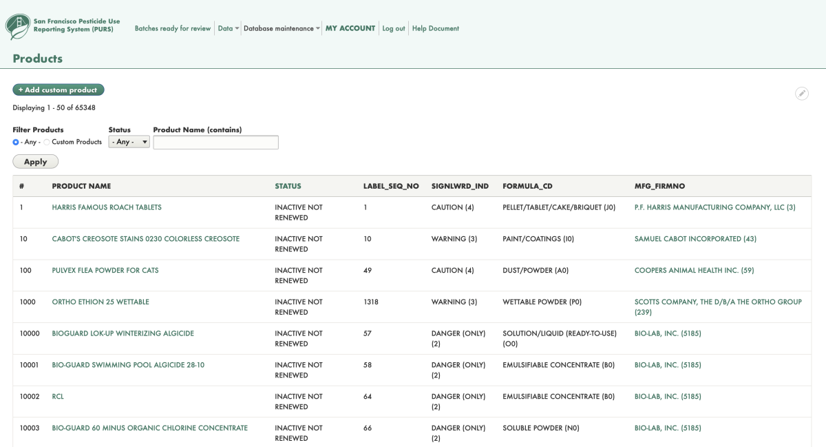 Screenshot of database tool for cataloguing pesticides